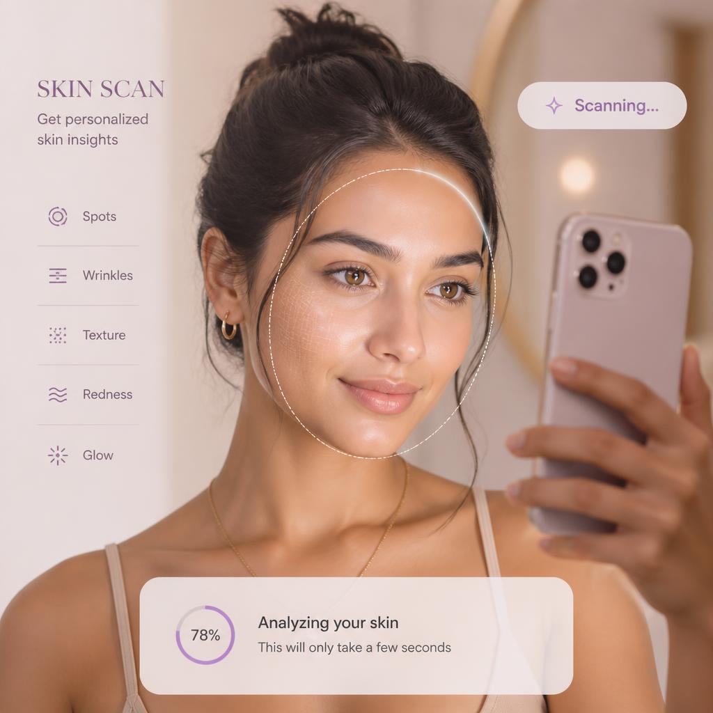 Woman taking a guided Lervé skin scan selfie with on-screen face guide