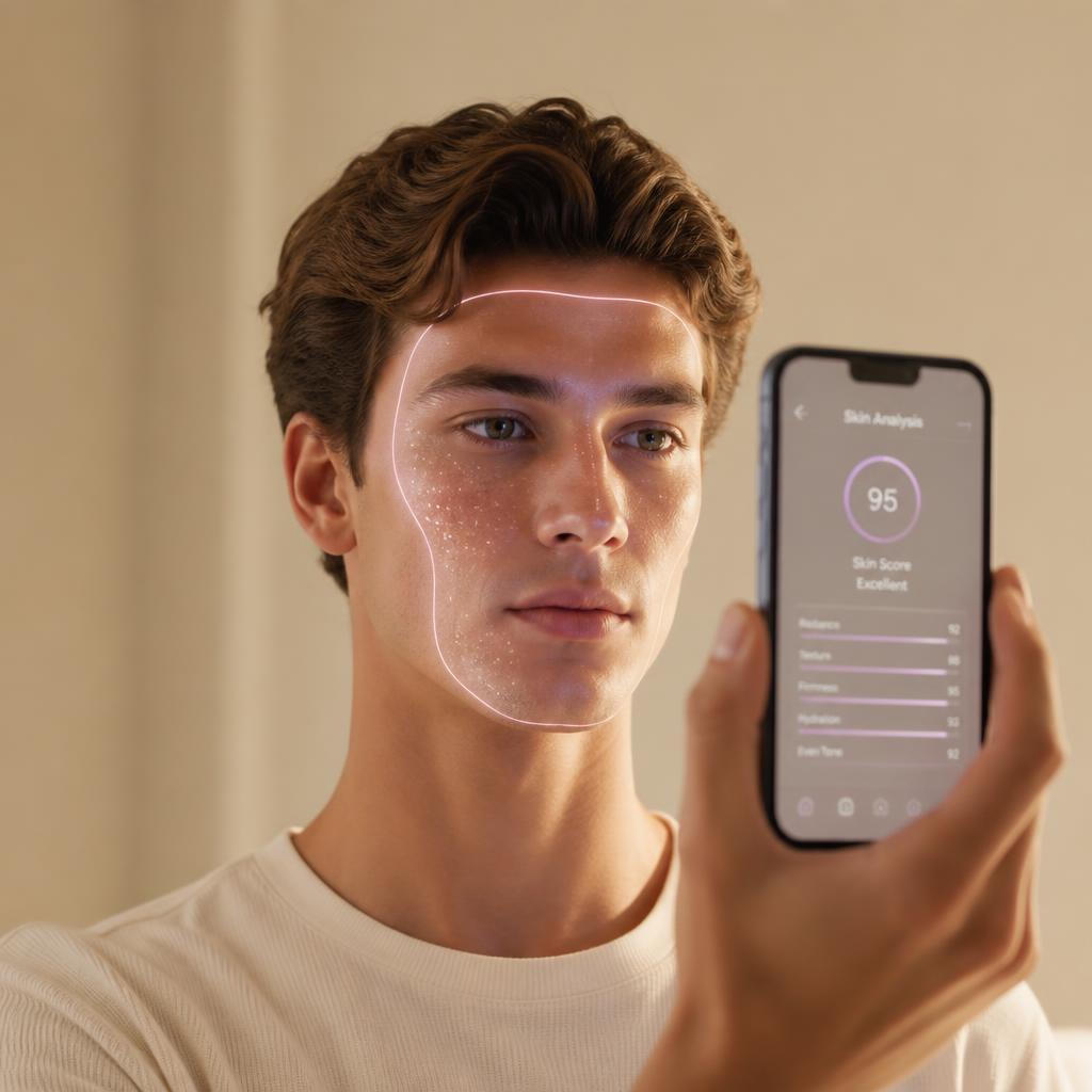 Man reviewing his live skin analysis score during a Lervé scan